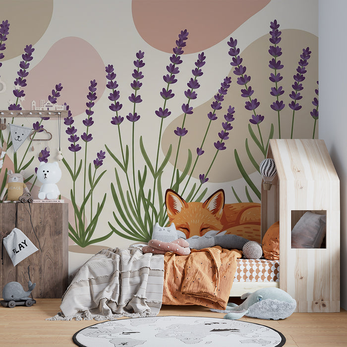 Lastenhuoneen tapetti | Nukkuva kettu laventelien keskellä