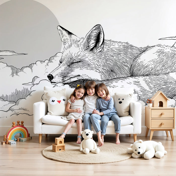 Papier peint chambre bébé | Renard endormi parmi les nuages