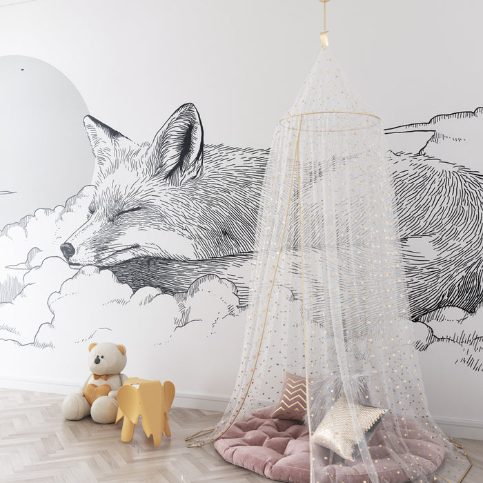 Papier peint chambre bébé | Renard endormi parmi les nuages