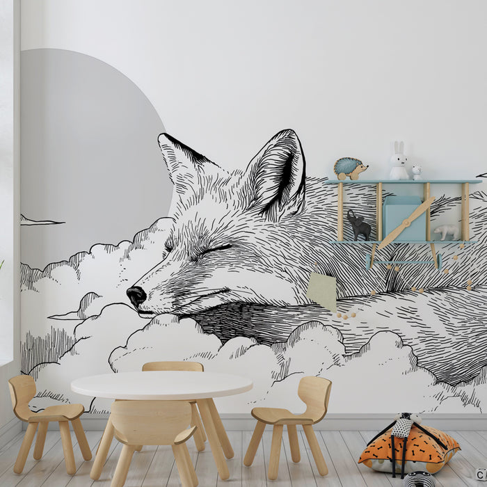 Papier peint chambre bébé | Renard endormi parmi les nuages