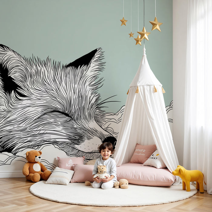 Lastenhuoneen tapetti | Nukkuva kettu pilvien keskellä, pehmeä vihreä tausta