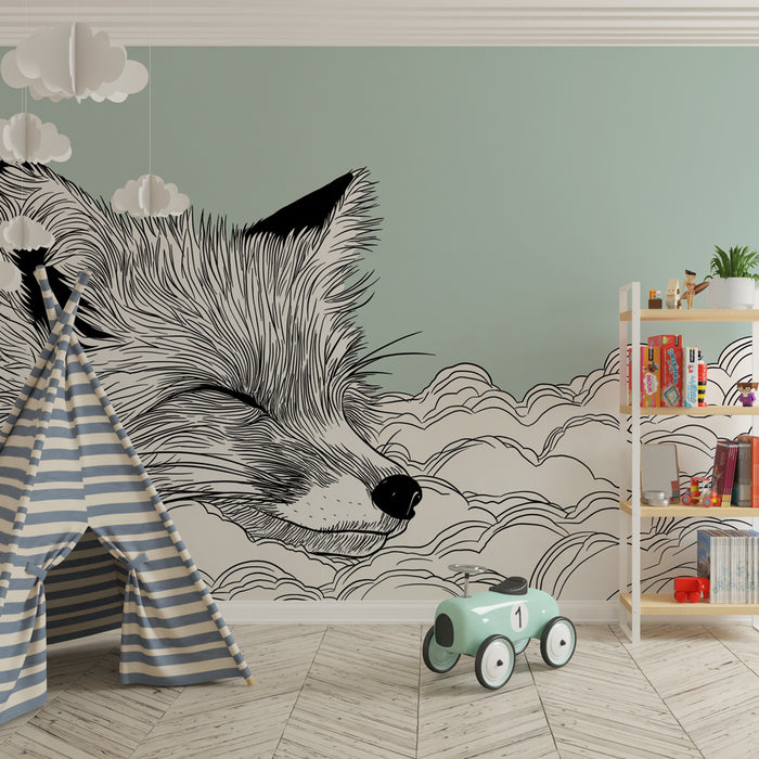 Lastenhuoneen tapetti | Nukkuva kettu pilvien keskellä, pehmeä vihreä tausta