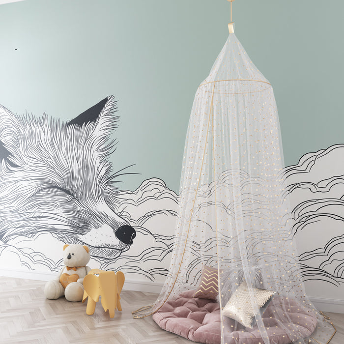 Lastenhuoneen tapetti | Nukkuva kettu pilvien keskellä, pehmeä vihreä tausta