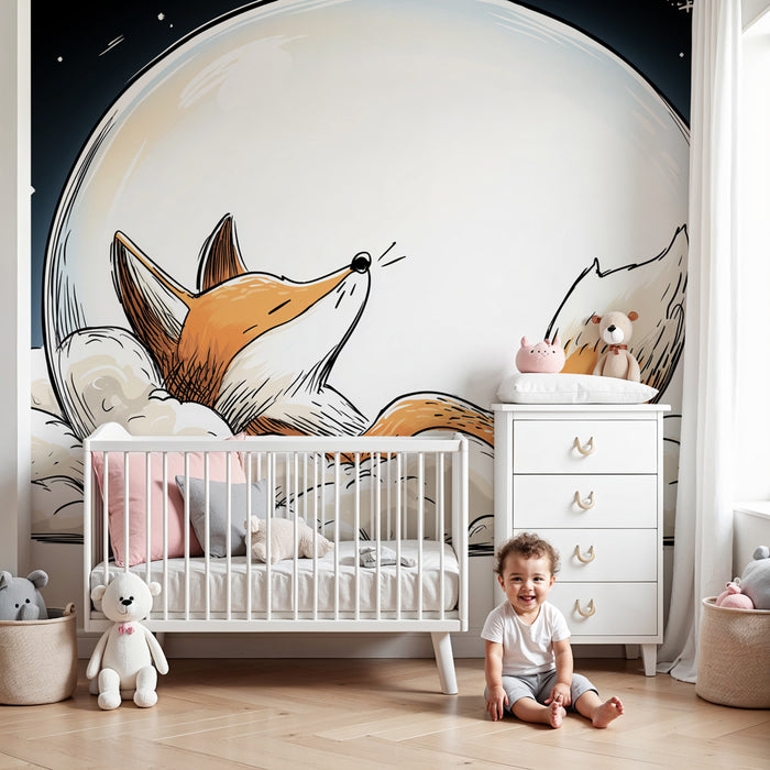 Papier peint chambre bébé | Renard endormi sous la lune