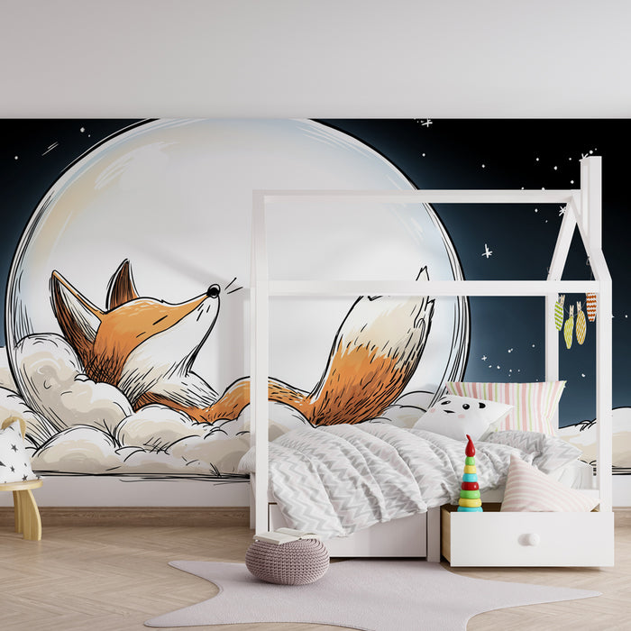 Papier peint chambre bébé | Renard endormi sous la lune