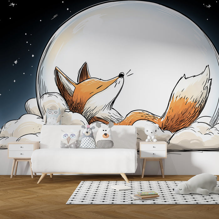 Papier peint chambre bébé | Renard endormi sous la lune