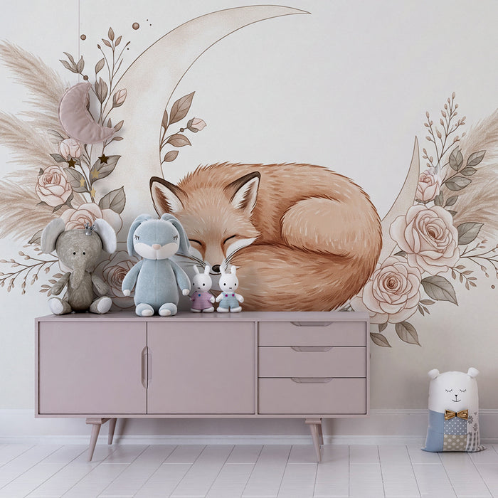 Papel de parede quarto bebê | Raposa adormecida sob a lua com rosas delicadas