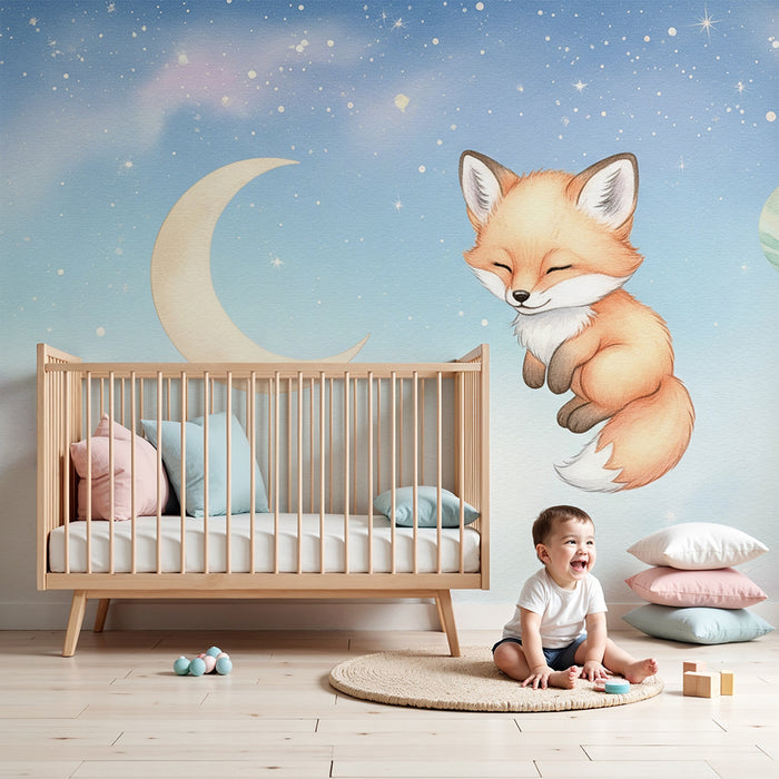 Papier peint chambre bébé | Renard endormi sous les étoiles