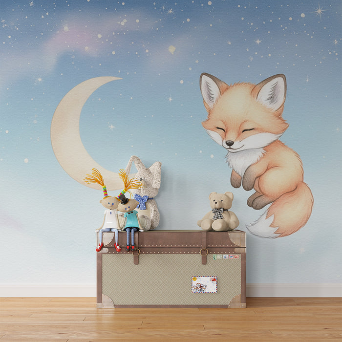 Papier peint chambre bébé | Renard endormi sous les étoiles