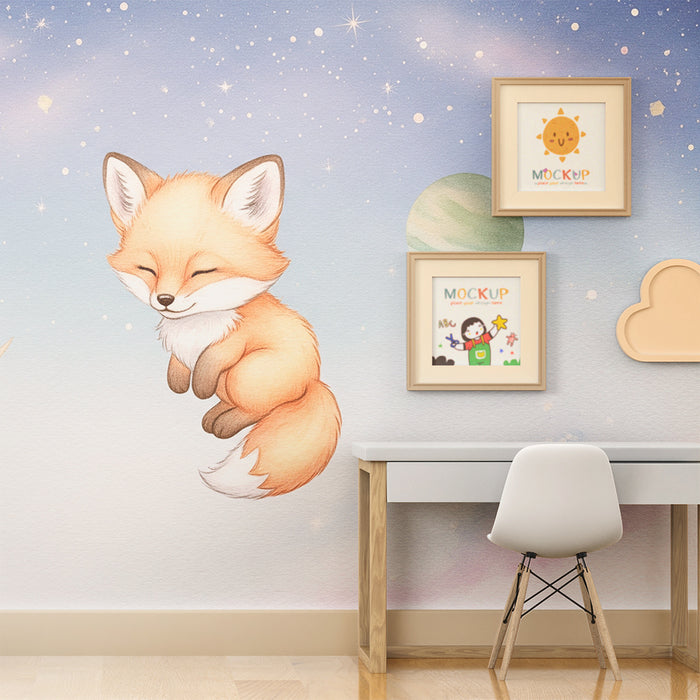 Papier peint chambre bébé | Renard endormi sous les étoiles