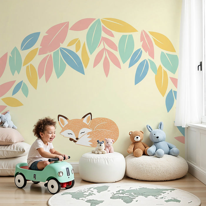 Barntapet | Sovande räv under en regnbåge av färgglada löv