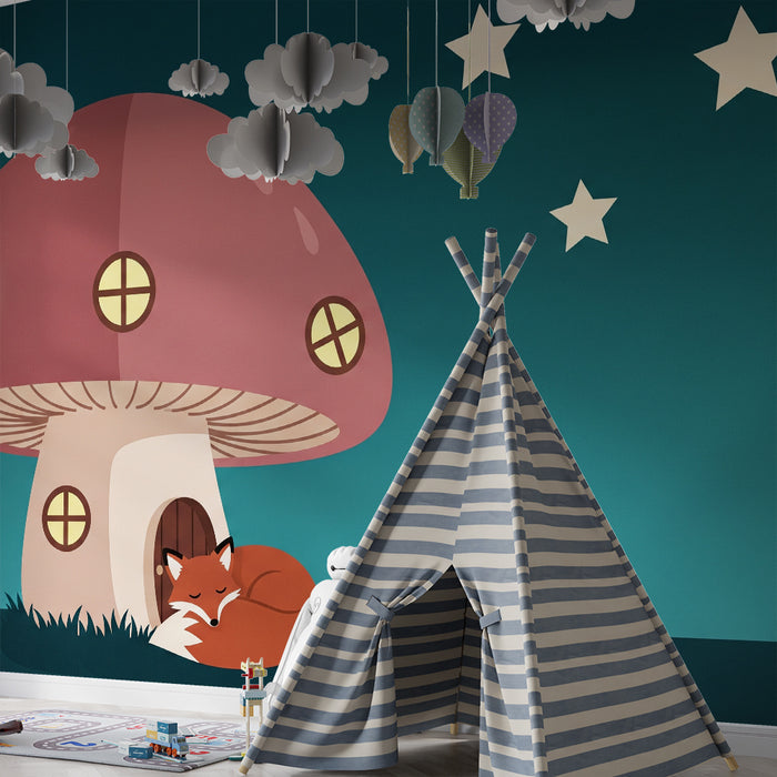 Babykamerbehang | Slapende vos onder een magische paddenstoel