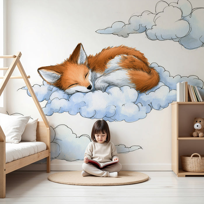 Papier peint chambre bébé | Renard endormi sur des nuages doux