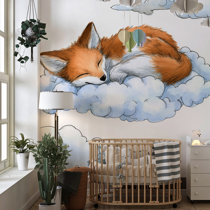 Papier peint chambre bébé | Renard endormi sur des nuages doux
