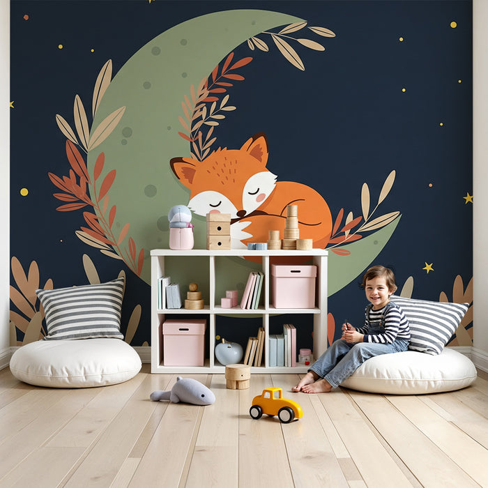 Papier peint chambre bébé | Renard endormi sur la lune