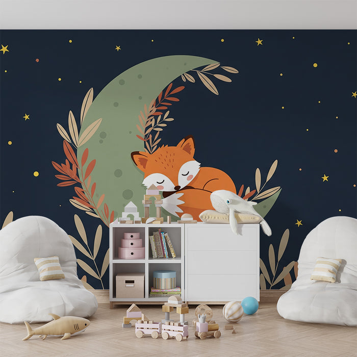 Papier peint chambre bébé | Renard endormi sur la lune