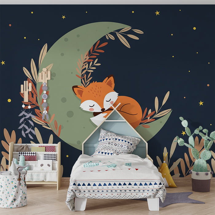 Papier peint chambre bébé | Renard endormi sur la lune