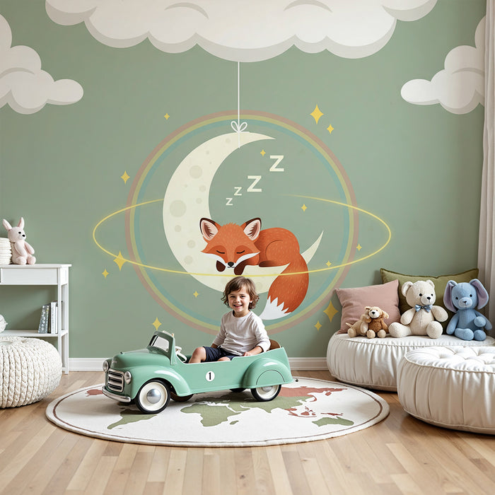 Papel de parede para quarto de bebé | Raposa a dormir na lua com nuvens suaves