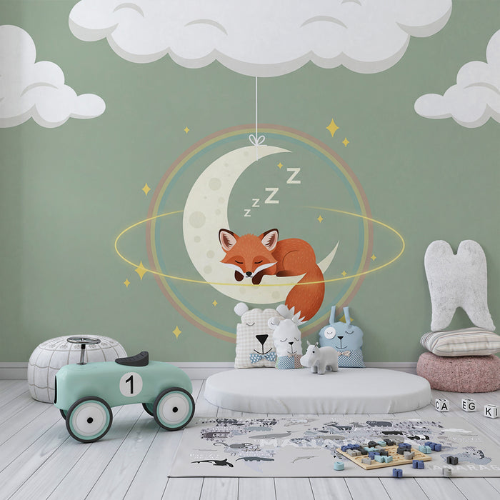 Papel de parede para quarto de bebé | Raposa a dormir na lua com nuvens suaves