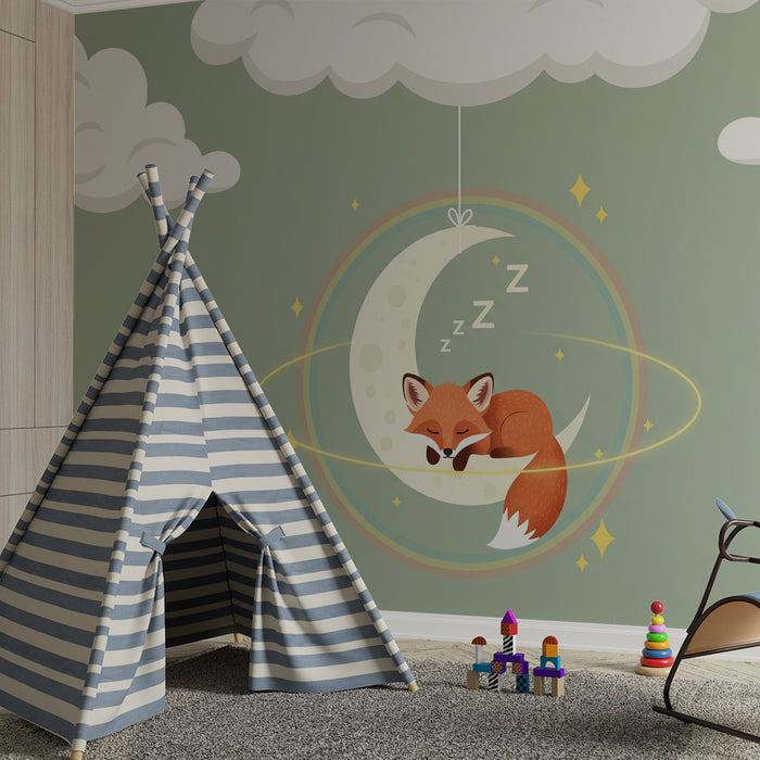 Papel de parede para quarto de bebé | Raposa a dormir na lua com nuvens suaves