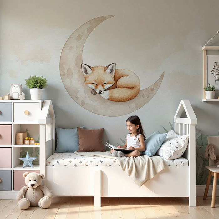 Papier peint chambre bébé | Renard endormi sur la lune fond beige