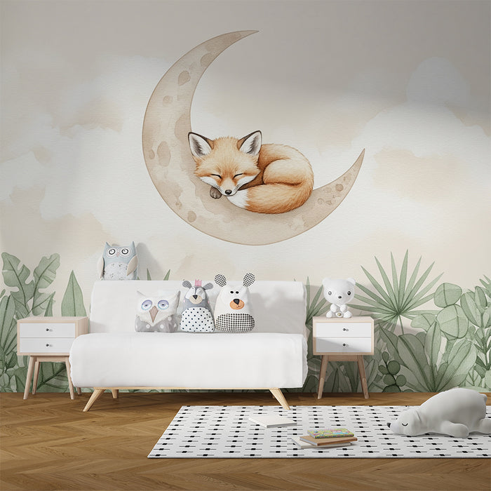 Papier peint chambre bébé | Renard endormi sur la lune fond beige