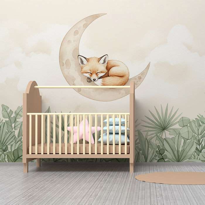Papier peint chambre bébé | Renard endormi sur la lune fond beige