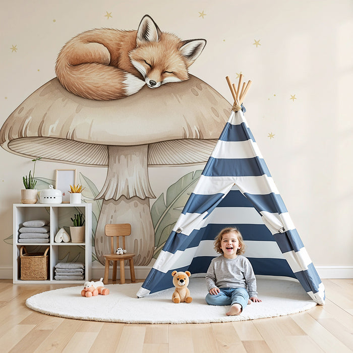 Papier peint chambre bébé | Renard endormi sur un champignon