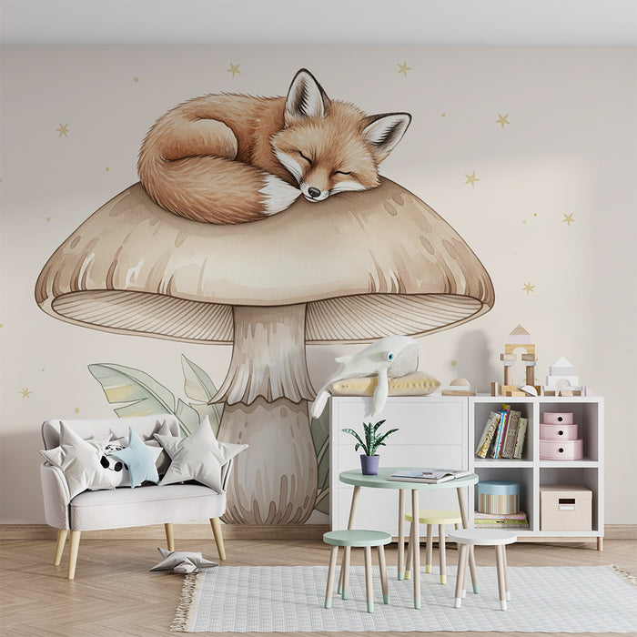Papier peint chambre bébé | Renard endormi sur un champignon