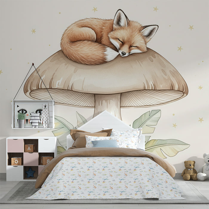 Papier peint chambre bébé | Renard endormi sur un champignon