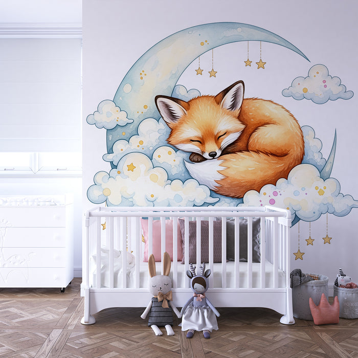 Papel de parede para quarto de bebé | Raposa a dormir num quarto de lua com nuvens suaves
