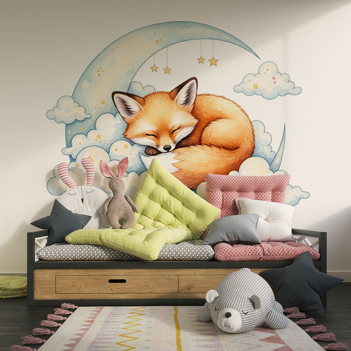 Papel de parede para quarto de bebé | Raposa a dormir num quarto de lua com nuvens suaves