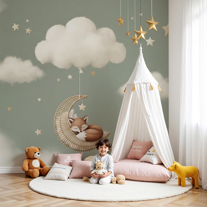 Papel de parede para quarto de bebé | Raposa a dormir num quarto de lua com estrelas e nuvens