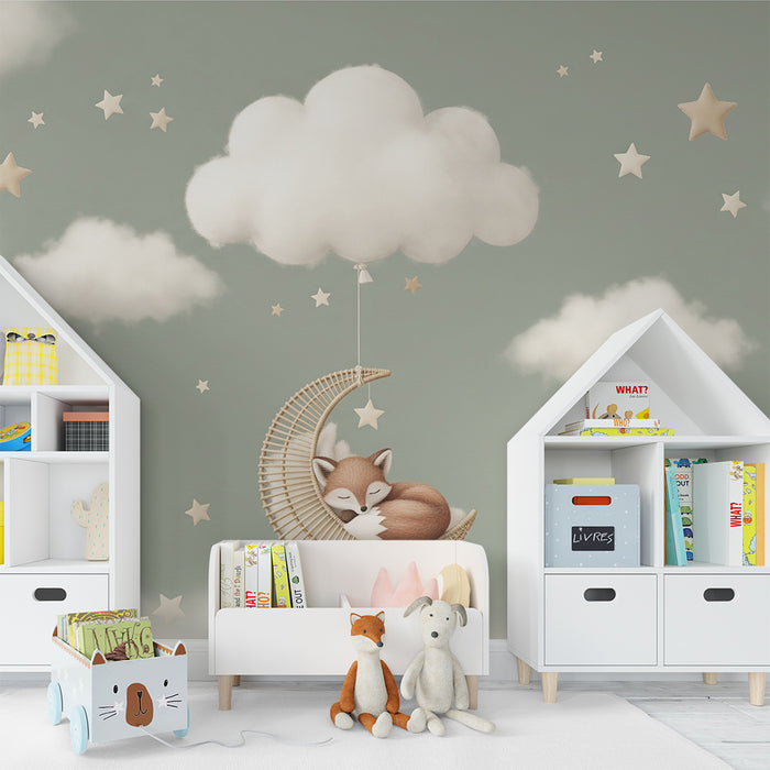 Papel de parede para quarto de bebé | Raposa a dormir num quarto de lua com estrelas e nuvens
