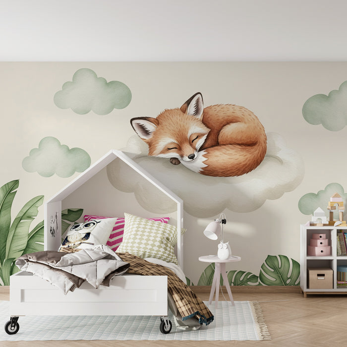 Papel de parede quarto bebê | Raposa dormindo em uma nuvem