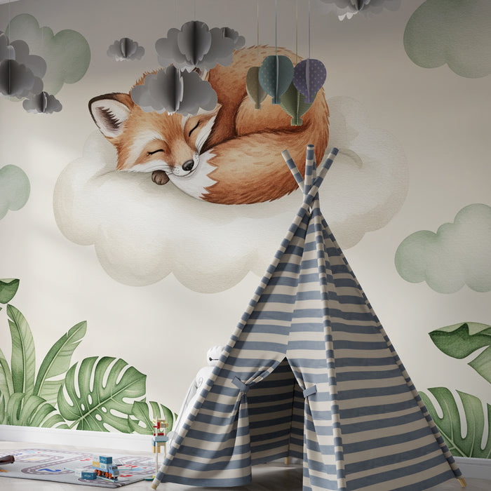 Papel de parede quarto bebê | Raposa dormindo em uma nuvem