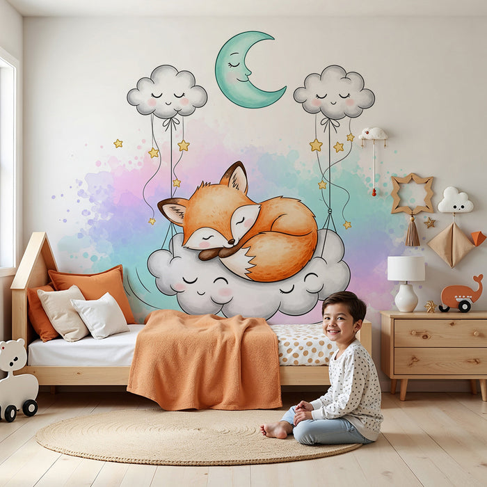 Tapeta do detskej izby | Spiaci líška na mraku s hviezdami a mesiacom