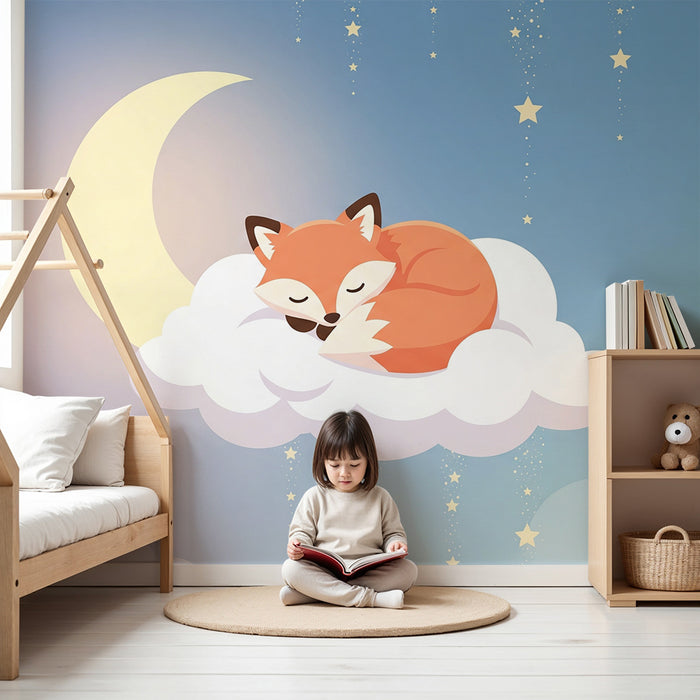 Barntapet | Sovande räv på ett moln med glittrande stjärnor