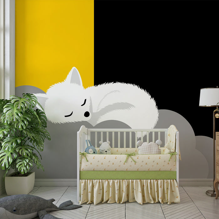 Børneværelse tapet | Sovende ræv på en grå sky med farverig baggrund