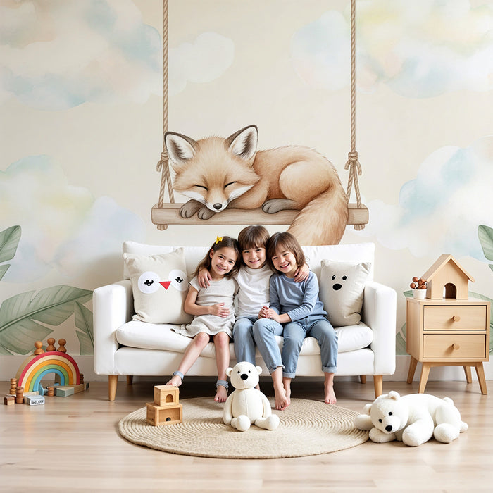 Papier peint chambre bébé | Renard endormi sur une balançoire