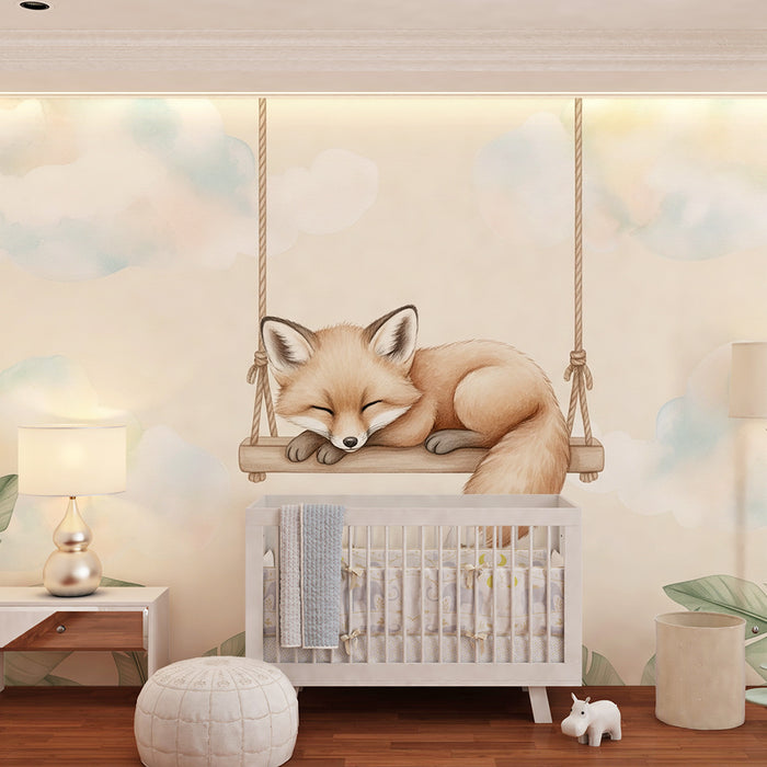 Papier peint chambre bébé | Renard endormi sur une balançoire
