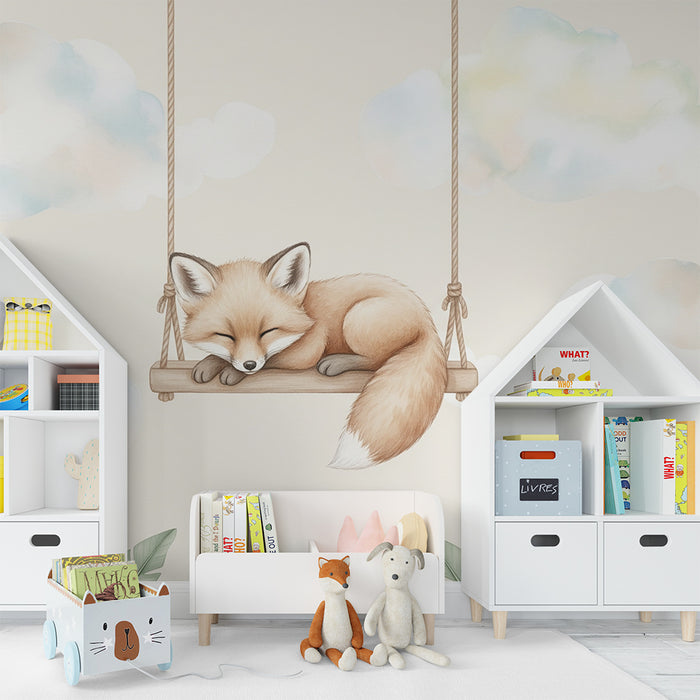 Papier peint chambre bébé | Renard endormi sur une balançoire