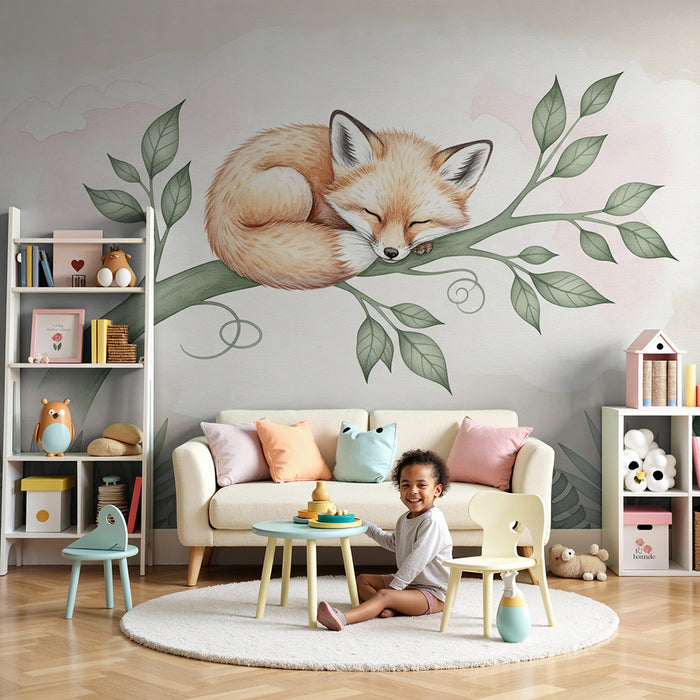 Papier peint chambre bébé | Renard endormi sur une branche