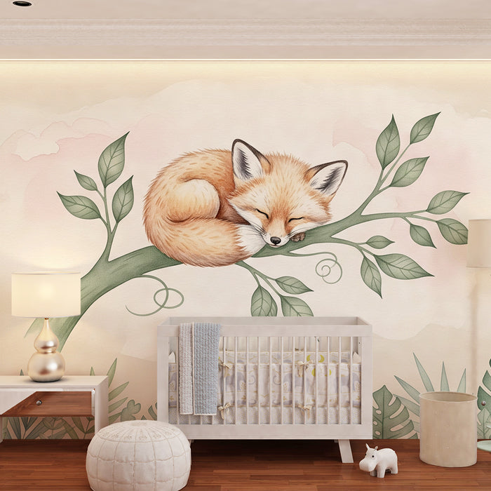 Papier peint chambre bébé | Renard endormi sur une branche
