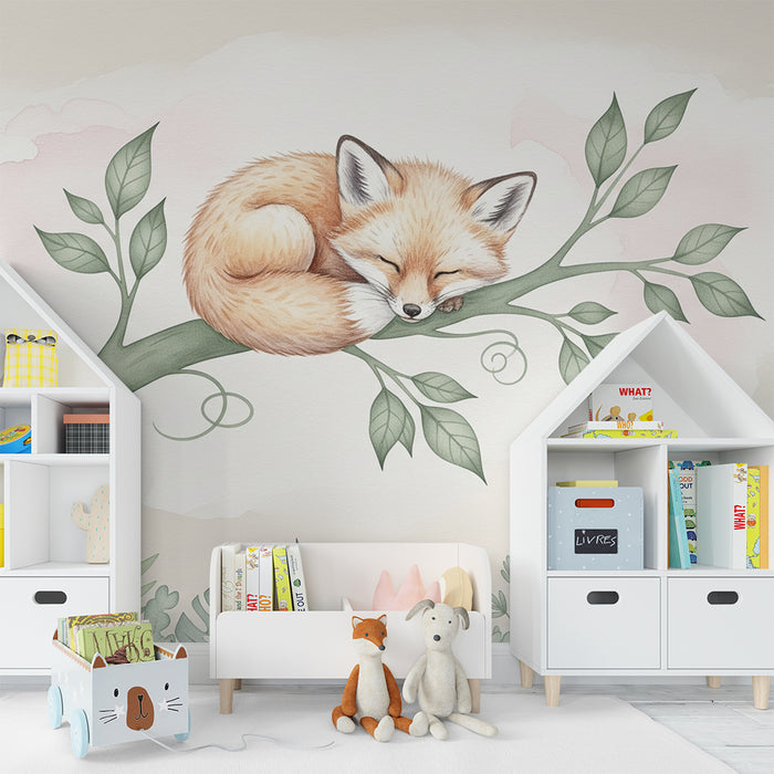 Papier peint chambre bébé | Renard endormi sur une branche