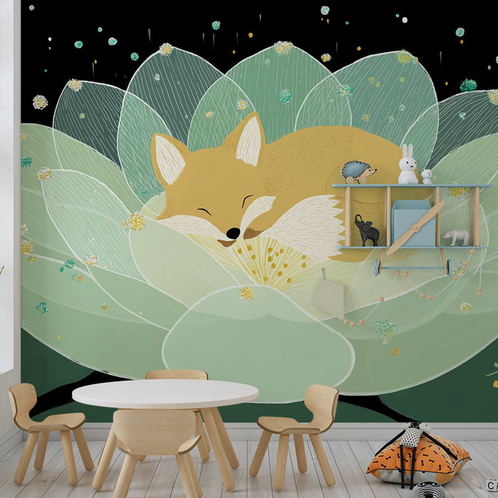Papel de parede quarto bebê | Raposa adormecida numa delicada flor de lótus