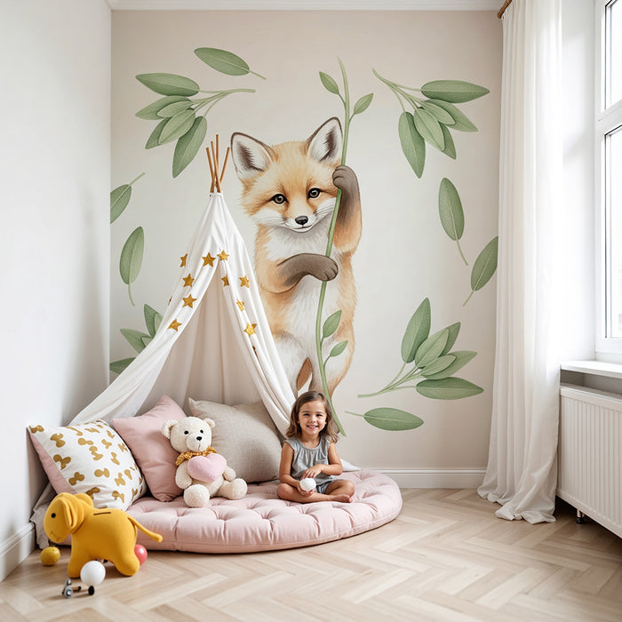 Papier peint chambre bébé | Renard espiègle et feuillage délicat