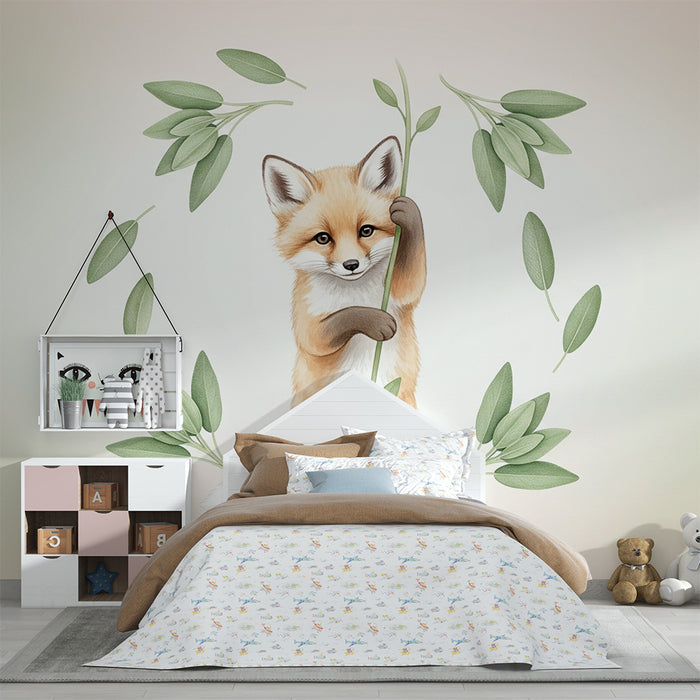 Papier peint chambre bébé | Renard espiègle et feuillage délicat