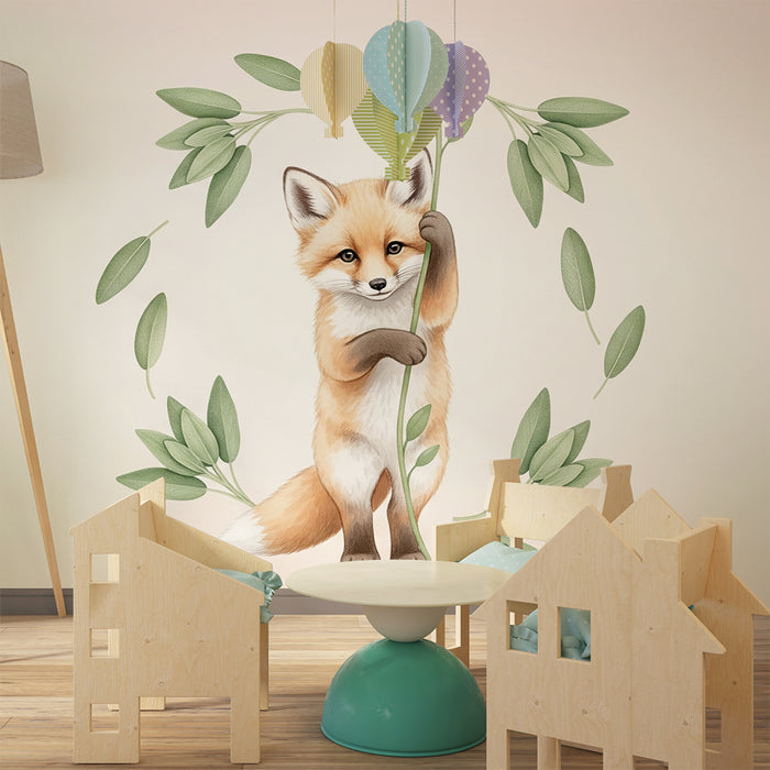 Papier peint chambre bébé | Renard espiègle et feuillage délicat