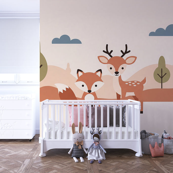 Papier peint chambre bébé | Renard et cerf dans un paysage doux